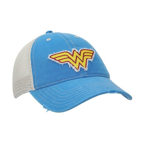 Bioworld Wonder Woman Logo Women's Blue Washed Distressed Cut Fabric Unstructured Baseball Cap