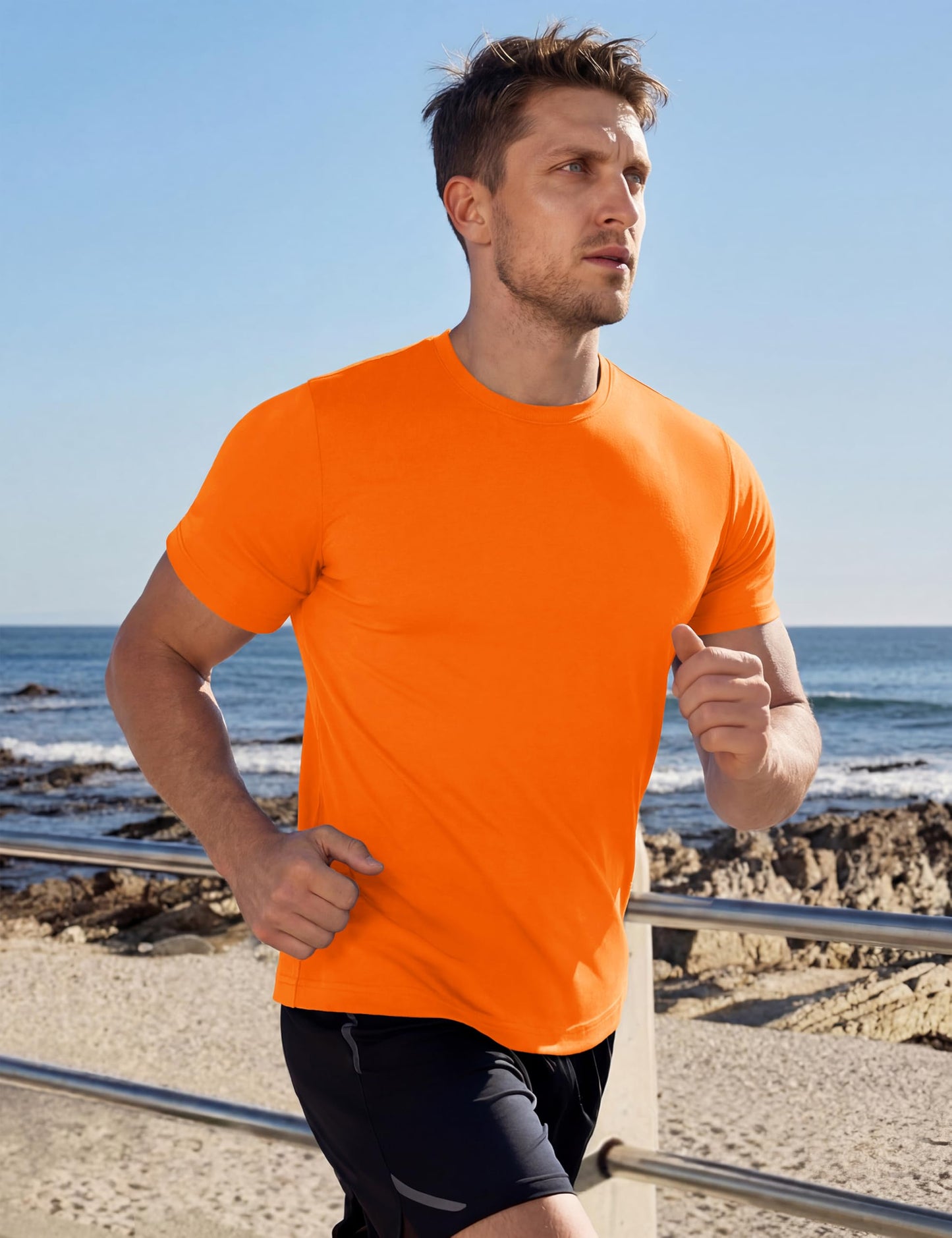 MAGCOMSEN Men's Short Sleeve Dry Fit Shirts Athletic Running Moisture Wicking Tee UPF 50+ Hiking Gym Tshirt Fluorescent Orange L