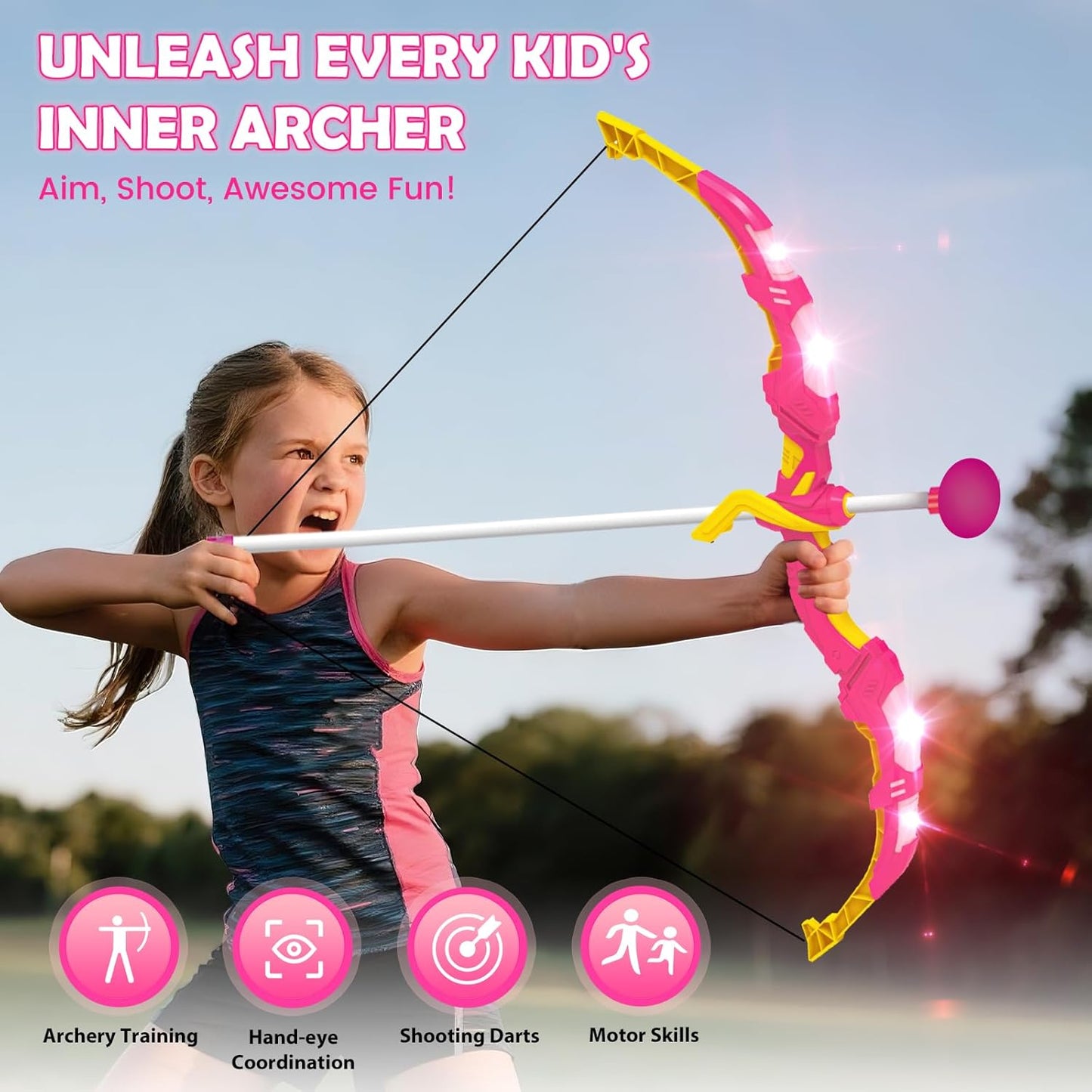 VATOS Bow and Arrow Toy Set - 4-in-1 Archery & Dart Game with LED Light, 20 Suction Cup Arrows & Glow Target | Indoor/Outdoor Fun for Kids Ages 5-12