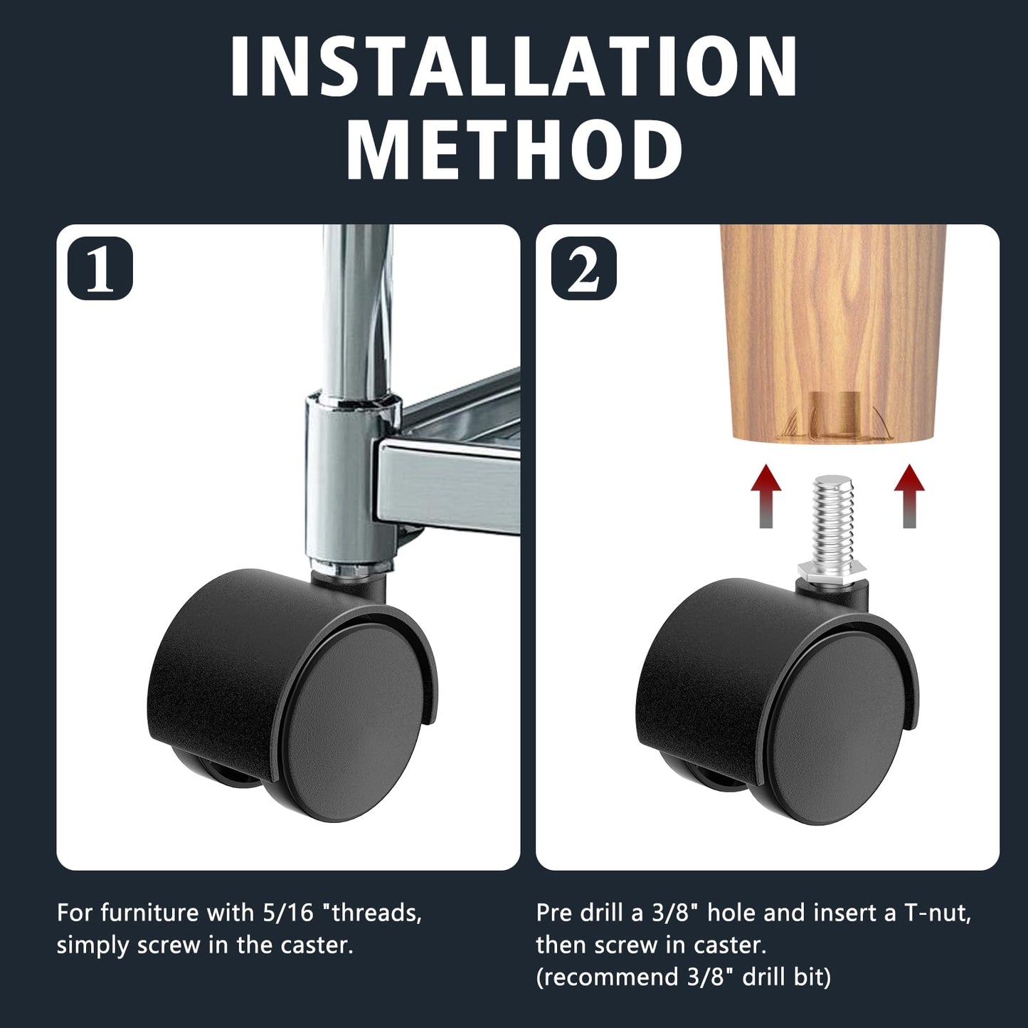 ANDUTEES 2 Inch Furniture Stem Casters Set of 4, Threaded Stem Diameter 5/16" Plastic Caster Wheels, Black Swivel Small Castors with T-Nuts, for Table, Cabinet, Storage Rack