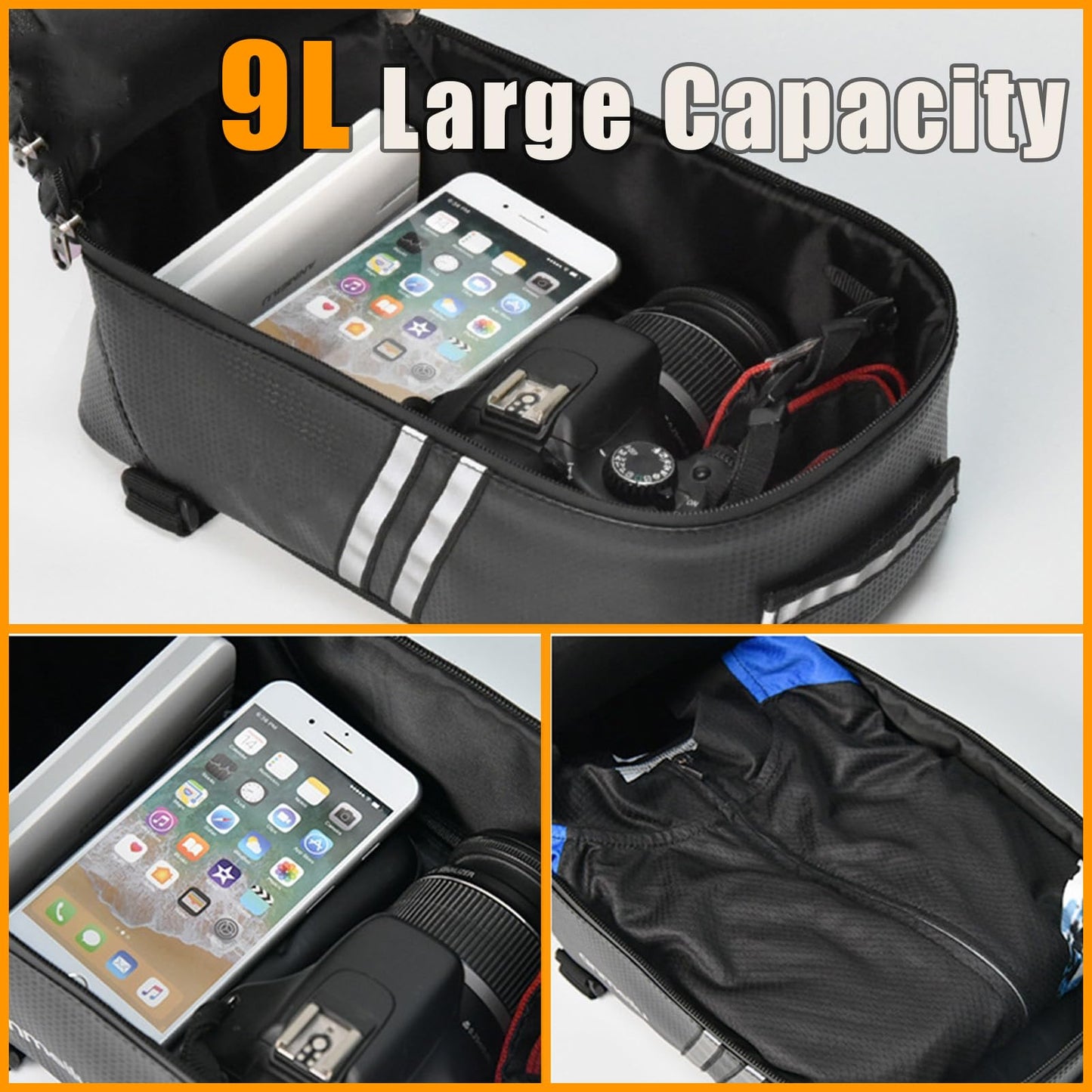 Brrnoo Bike Rack Rear Carrier Bag with Reflective Straps, 9L PU Leather Storage Trunk Bag, Bike Pannier Bike Saddle Bags for Cycling, Mountain Bike and Luggage