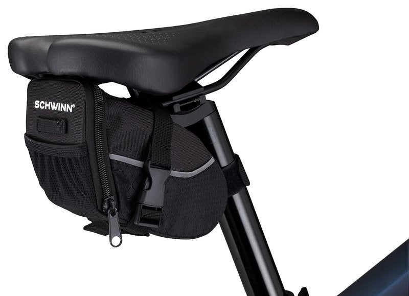 Schwinn Seat Pack for Bicycles, Black, Wide Opening Zipper Closure, Easy Installation, Reflective Piping, Compatible with Most Adult Bikes, Storage for Tube, Wallet, Keys and More, Bike Seat Bag