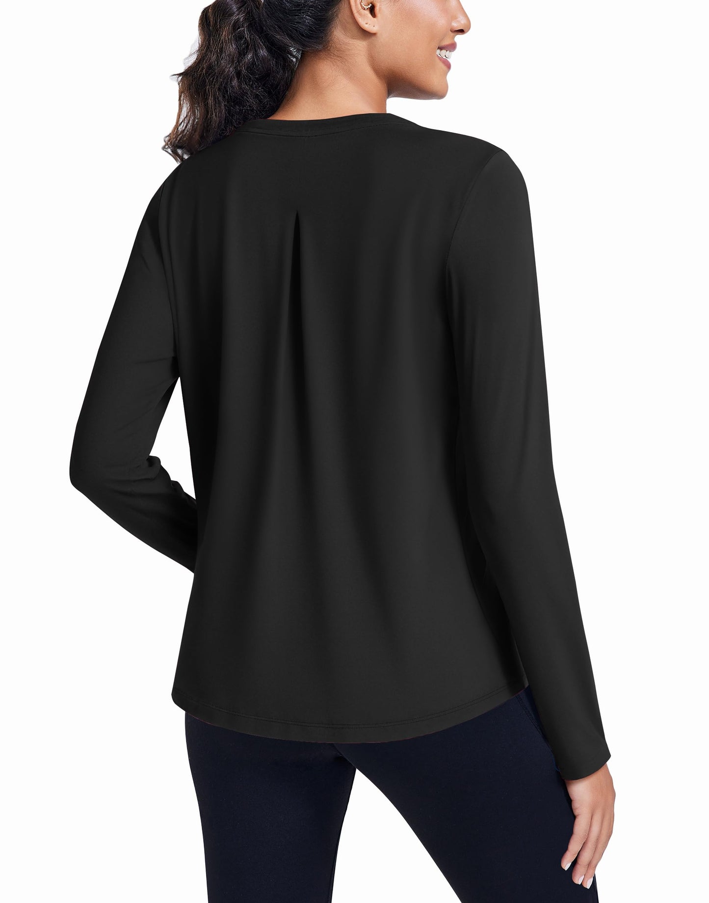 PINSPARK Workout Tops for Women Soft Loose Long Sleeve Athletic Shirt with Back Pleated Breathable Yoga Pilates Running Hiking, Black Large