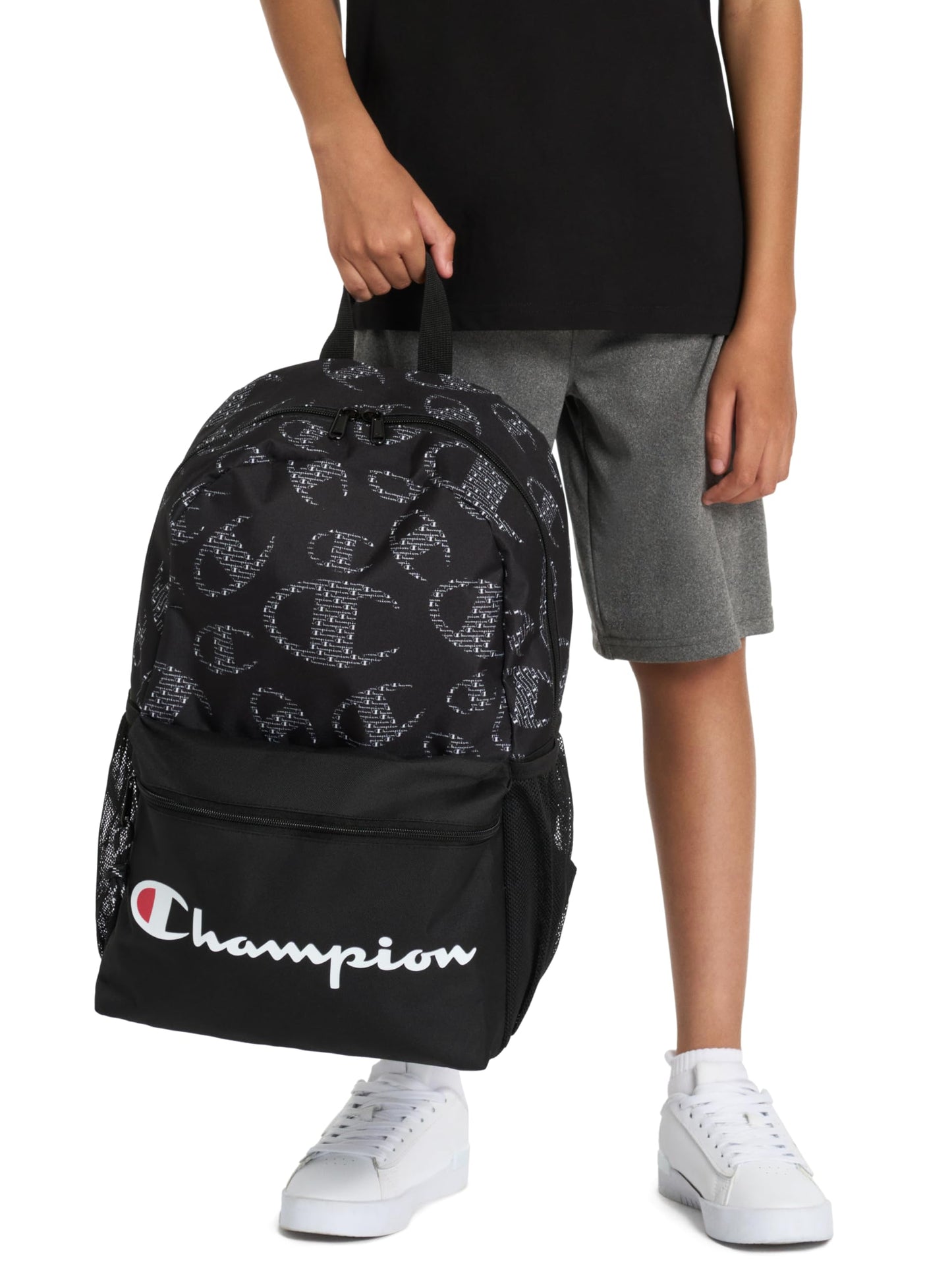 Champion Kids' Merit Backpack with Padded Straps, Water Bottle Pocket and Laptop Compartment for Daily Use, Black/Grey, One Size