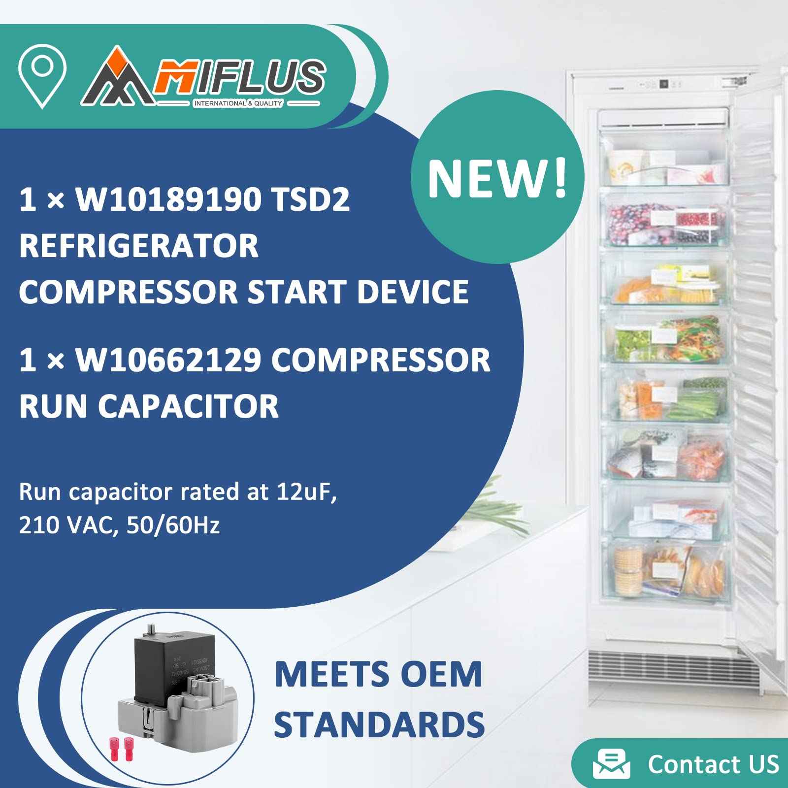 TSD2 W10189190 Relay/Overload and W10662129 Compressor Run Capacitor Compatible for Whirl-Pool Ken-More Elec-trolux by MIFLUS,2PCKS