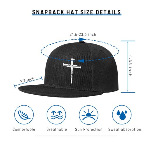 Christian Cross Hats Snapback Baseball Hat for Men Jesus 3 Nail Crosses Flat Bill Hats for Women Black Baseball Cap Adjustable Snap Backpack Dad Trucker Hat Christian Religious Gifts for Men Women