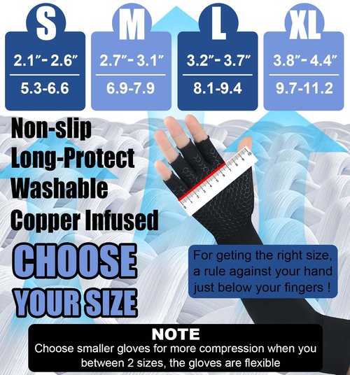 Gorbgle Long Copper Arthritis Gloves for Carpal Tunnel, Compression Gloves for Hand Pain Relief, Wrist Arm Support, Fingerless Typing Gloves for Rheumatoid, Tendonitis, Fits Women Men, 1 Pair, Medium