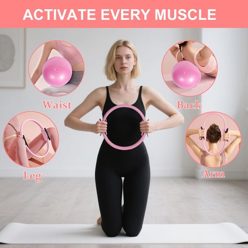 LENGAMPLAY Pilates Ring Set with Resistance Bands– Anti-Slip Magic Circle Pilates Ring for Home Workouts, Full-Body Toning, Strength Training for Women 14PCS