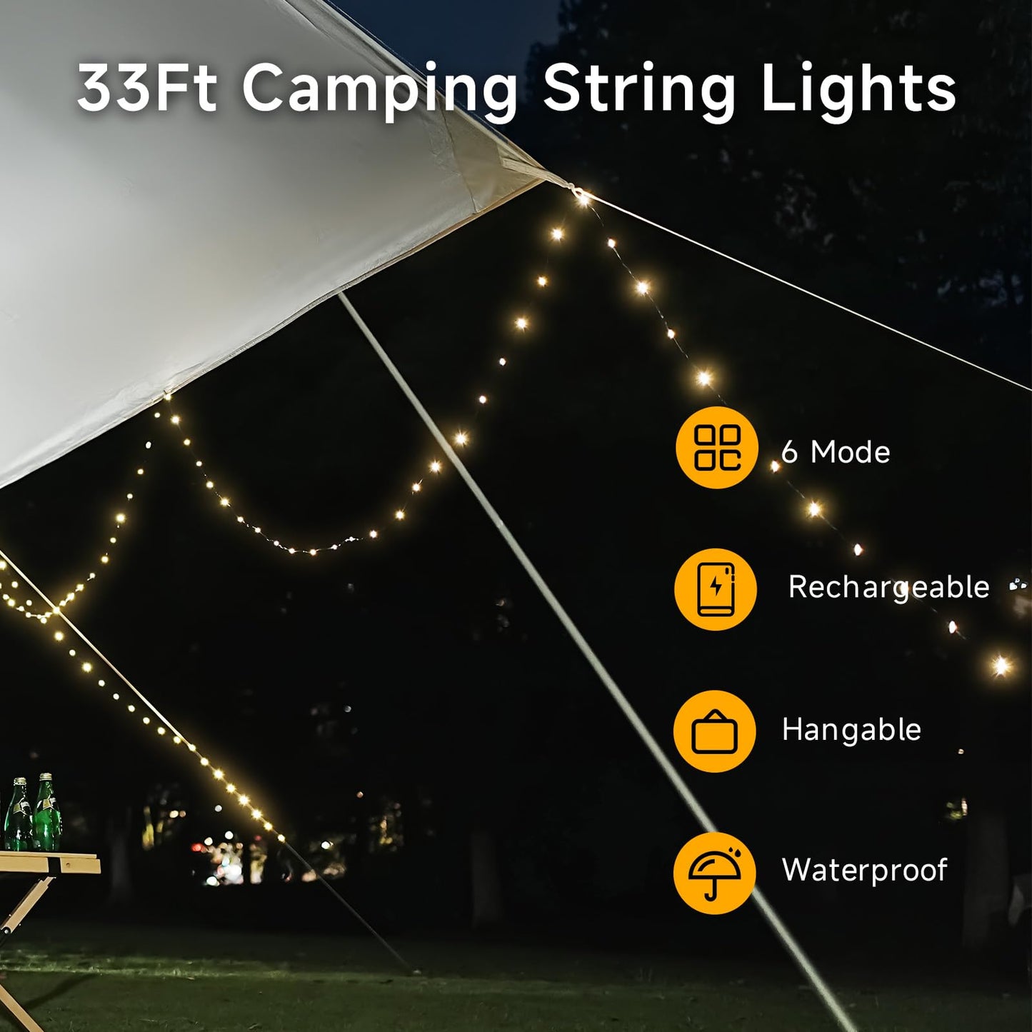 SANBEN Camping String Lights Rechargeable - 33Ft Quick Storage Portable Tent Lights with 6 Modes, Battery Operated Waterproof Hanging LED Lamp for Patio Garden Party Camping Essentials