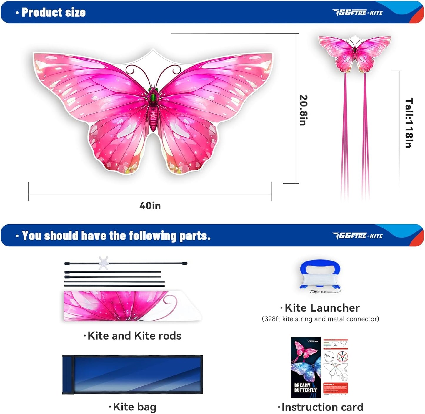 SGftre Butterfly Kite - Easy Flight Hand Kite for Kids & Adults | Perfect Outdoor Toy (Pink Dreamy Butterfly)