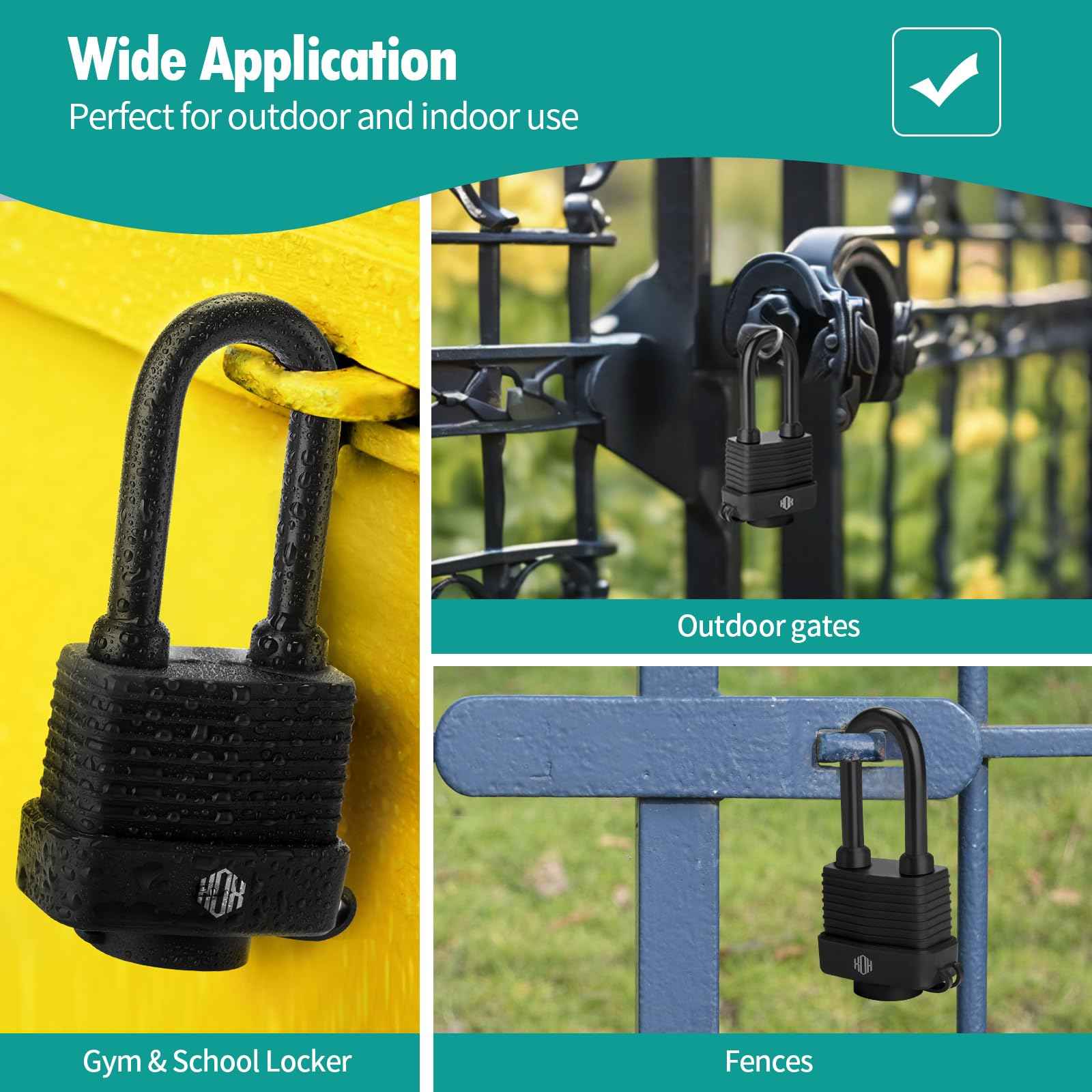 HOX 4-Pack Weather Resistant Padlocks – 40mm Laminated Steel, Chrome Plated with 2-inch Shackle, Vinyl Wrapped, Hardened Steel for Extra Security