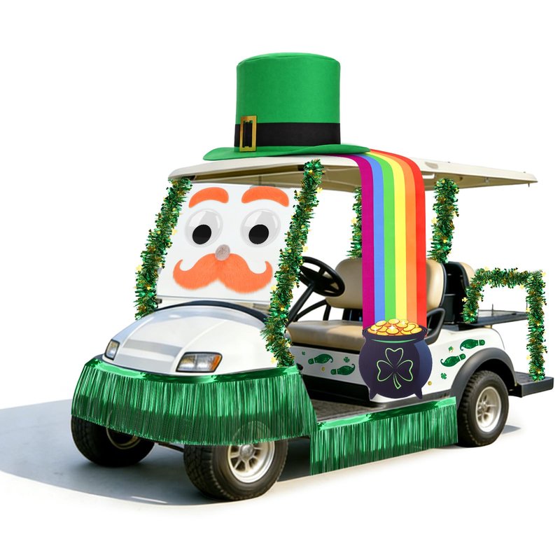 Tryly St. Patrick’s Day Golf Cart Decoration Kit, Giant Leprechaun Hat with Big Eyes & Beard, Rainbow Banner, Pot of Gold, Green Tinsel Curtain & Footprint Stickers for Irish Parade & Party Supplies