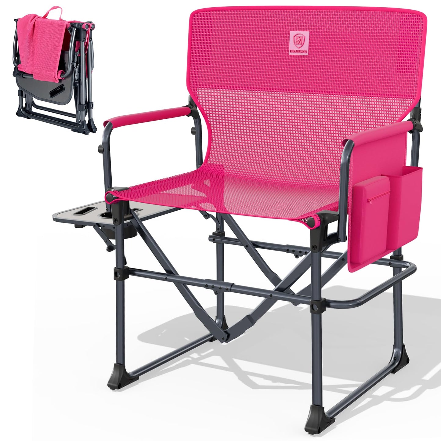 EVER ADVANCED Camping Directors' Chair with Side Table, Portable Folding with Compact Size, Breathable & Quick Dry Design Heavy Duty Lawn Chair with Pocket, 400lbs, Textilene Mesh, Pink