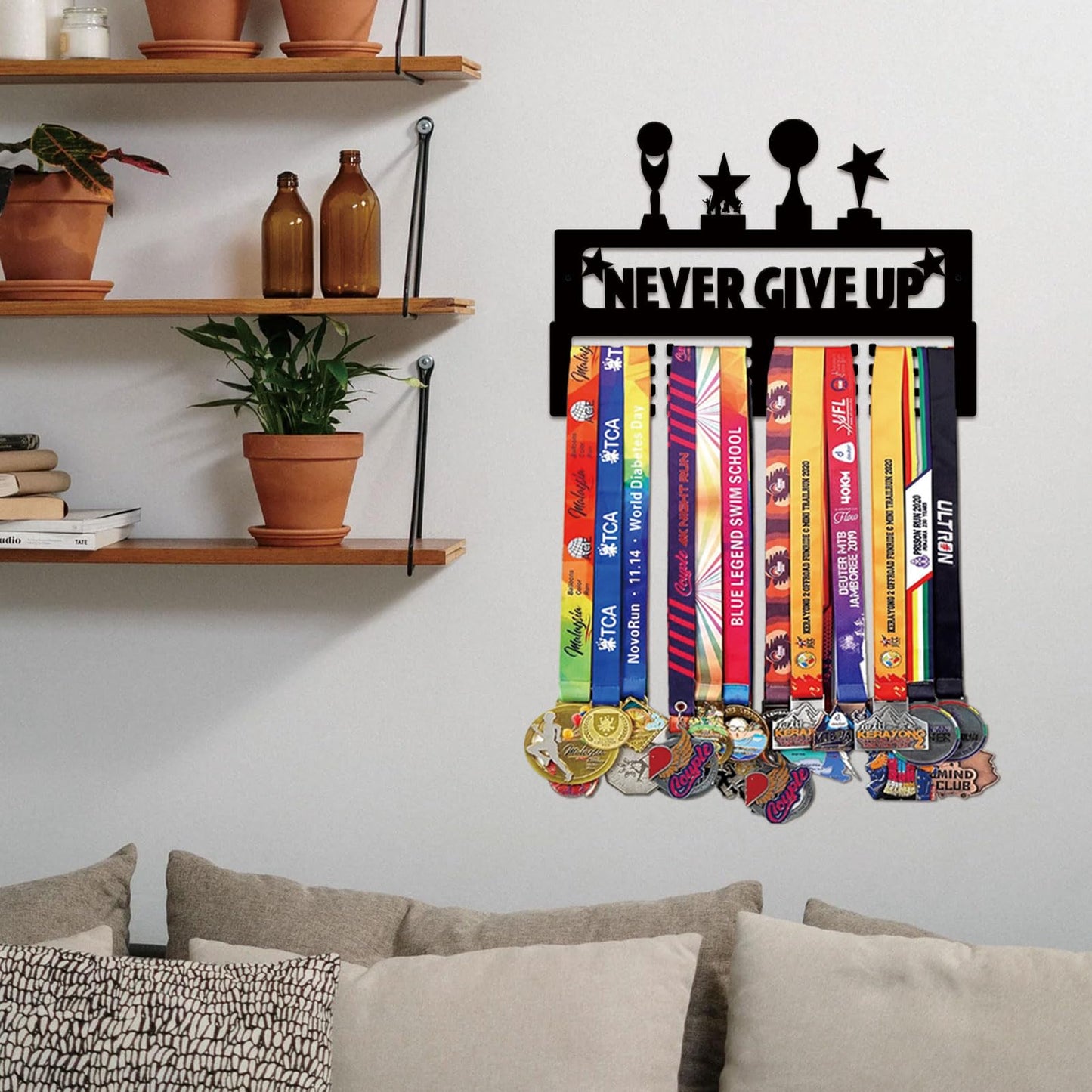 Resama Metal Holder Display Hanger Rack Frame- Metal Awards Rack for Walls Holds 40+ Never Give Up Sports Medals Hanger Ribbon Display Holder Rack with Easy Hanging