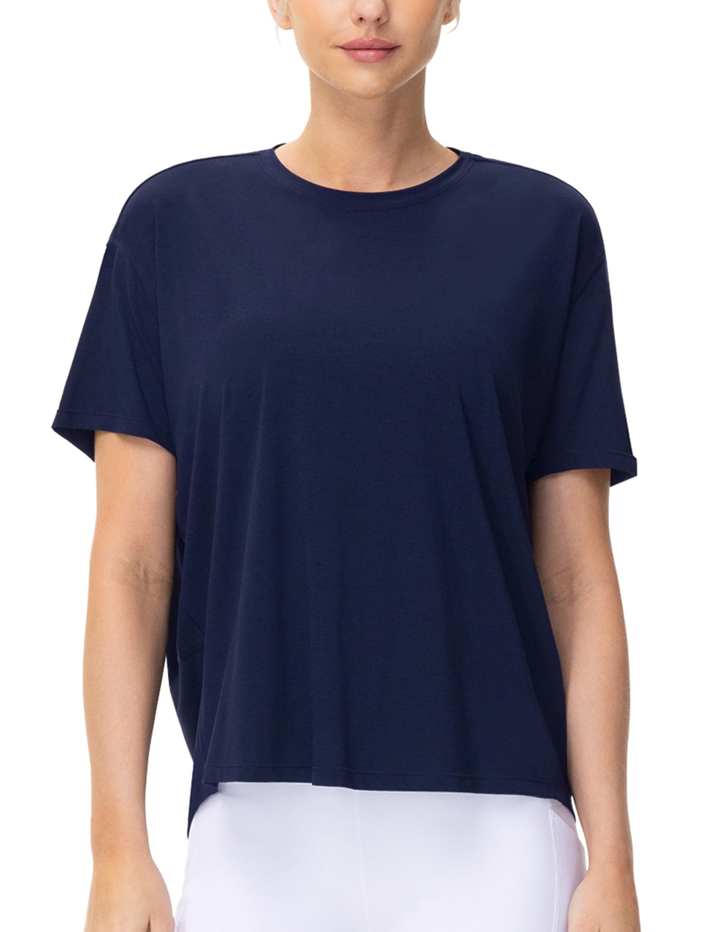 THE GYM PEOPLE Women's Short Sleeve Workout T-Shirts Back Loose Fit Running Yoga Tee Tops Navy Blue