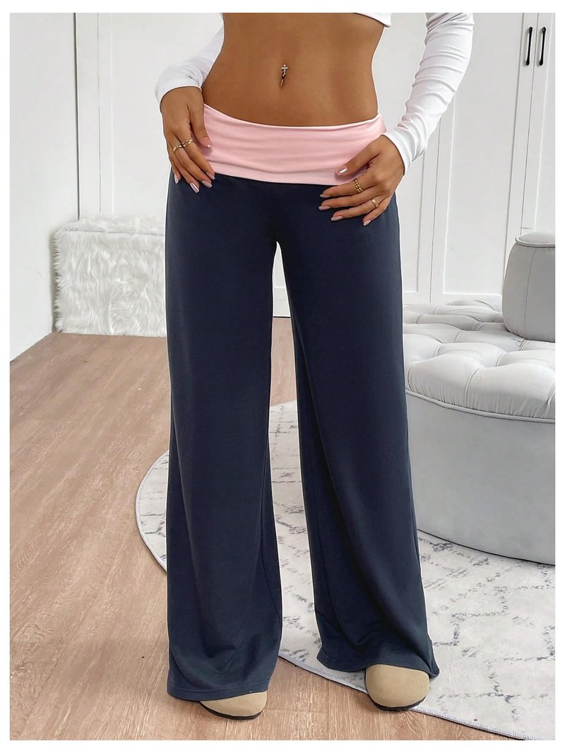 SOLY HUX Women's Sweatpants Color Block Low Rise Fold Over Waist Baggy Wide Leg Pants Dark Blue and Pink Small