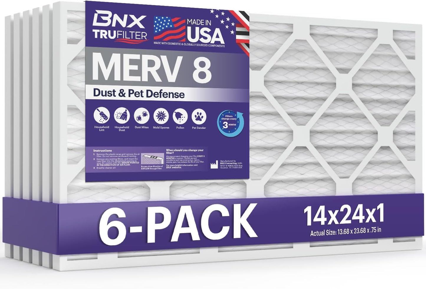 BNX TruFilter 12x12x1 MERV 8 Air Filters (6-Pack) - USA-Made Dust & Pet Defense for HVAC