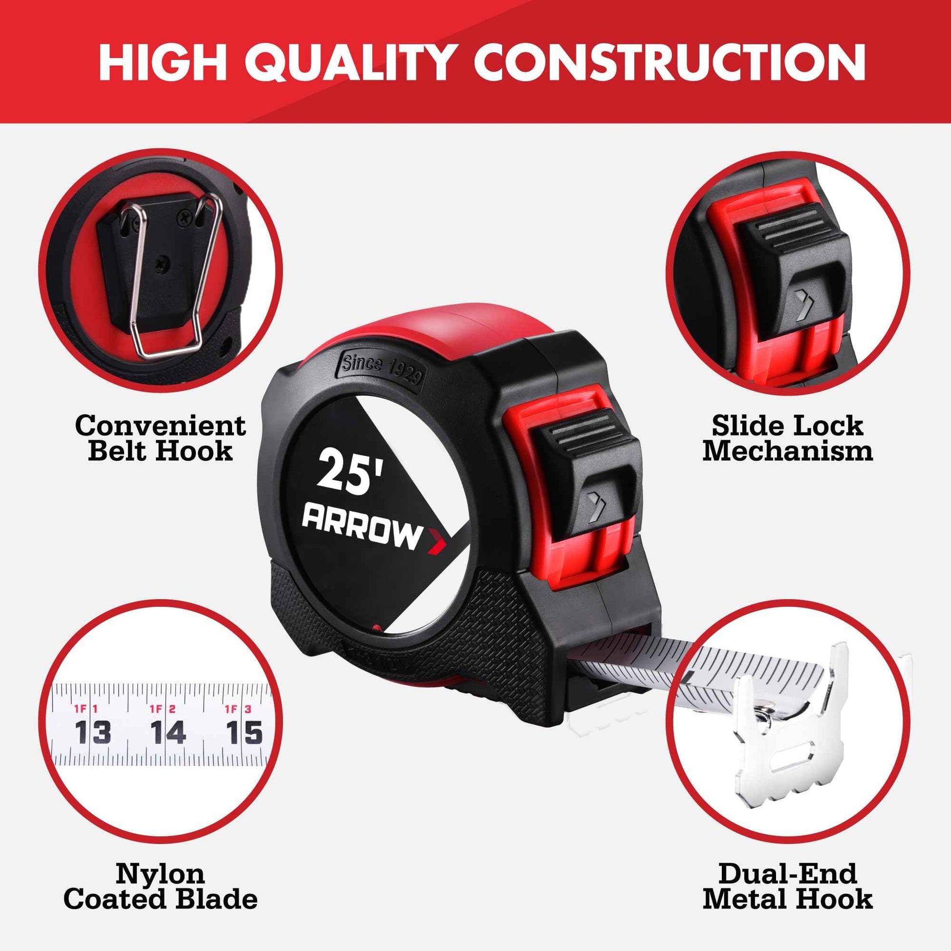 Arrow 25FT Tape Measure, Easy Read Measuring Tape with Dual Locking System, Double Sided Measurement Tape with 1.25″ Blade, Belt Clip, Dual-End Metal Hook, and Rubber Protective Casing