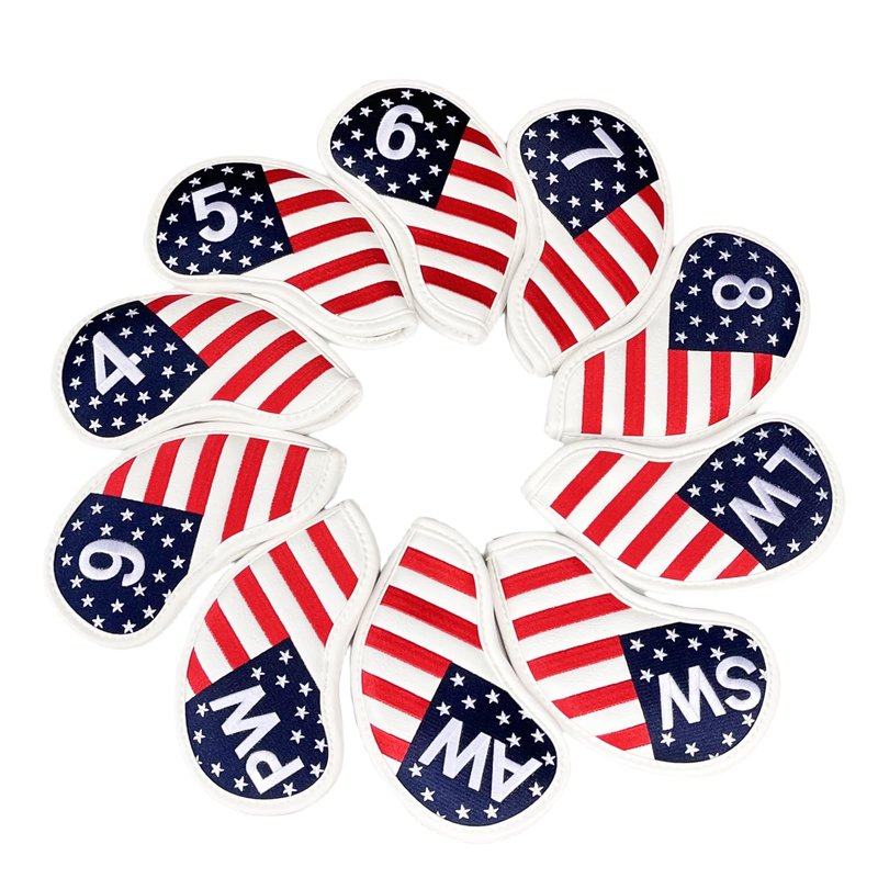 US Flag Golf Iron Covers Premium Leather Iron Head Covers Set Golf Headcovers for Irons #4 5 6 7 8 9 PW SW AW LW Wedge Iron Club Covers fits for Most Brand