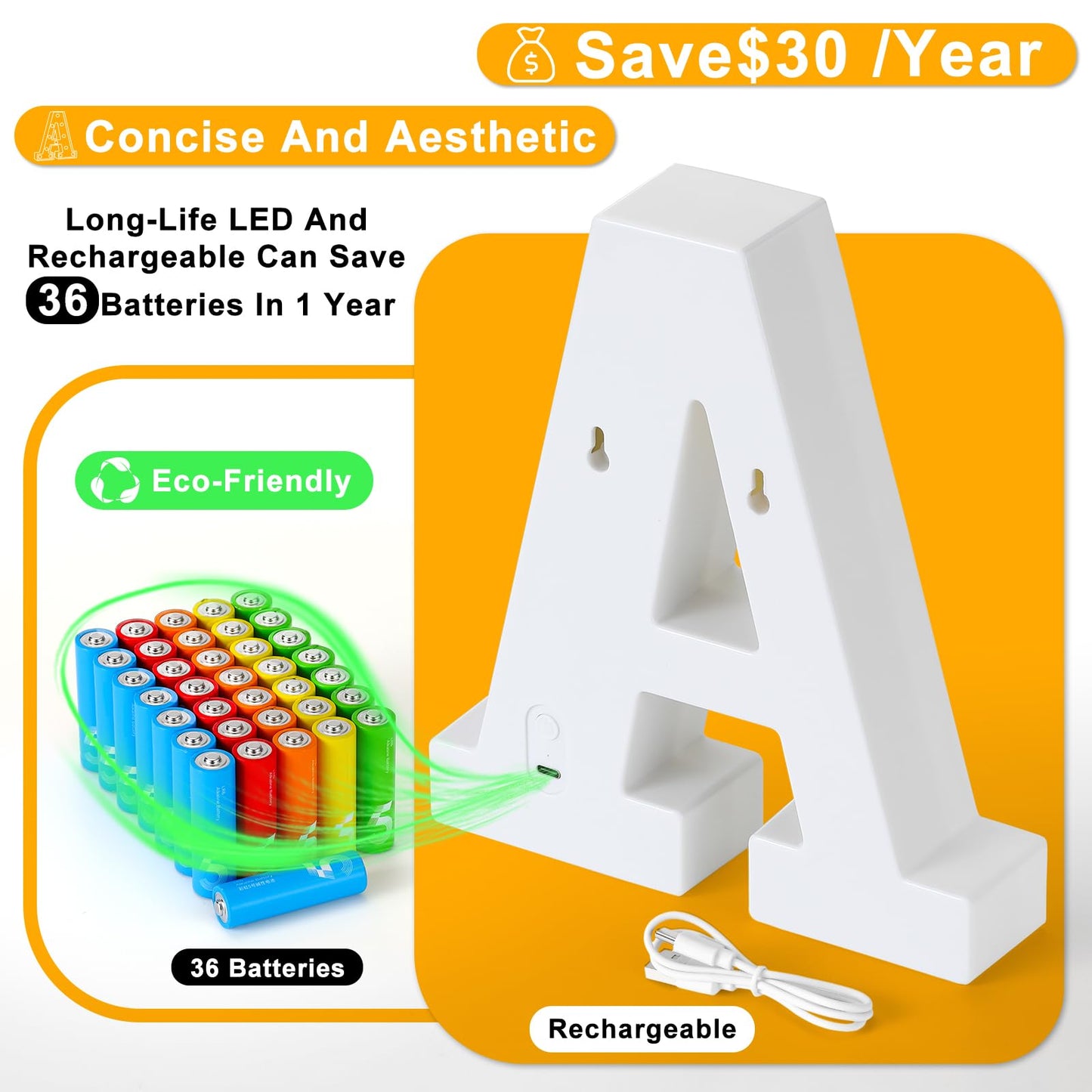 Foaky Rechargeable LED Letter Lights Sign Marquee Light Up Letters Sign for Night Light Wedding/Birthday Party Christmas Lamp Home Bar Decoration (M)