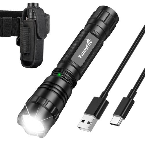 FandyFire Rechargeable Police Flashlight with Holster-1000 High Lumen LED Tactical Flashlights for Duty Belt, 3 Modes and Hidden C Port, Law Enforcement Gear Safety Accessories Gifts (Black)