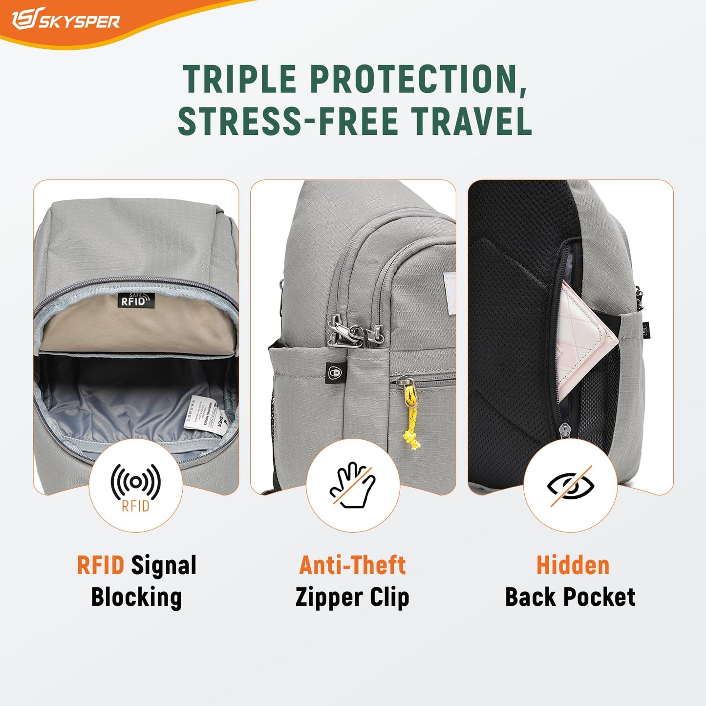 SKYSPER Sling Bag RFID Anti-Theft Crossbody Bag Recycled Travel Cross Body Bag Shoulder Sling Daypack(Gray)