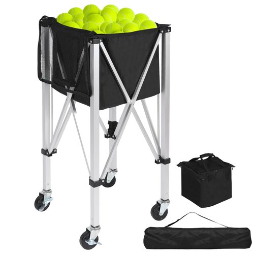 Lineslife Portable Tennis Ball Hopper Holds 200 Balls, Tennis Ball Basket Cart with 4 Wheels & Brakes, Detachable Oxford Fabric Bag for Tennis and Pickleball Training, Black