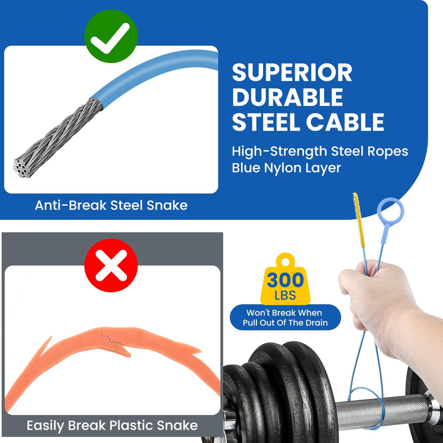 MILYARD 4 Pcs Drain Snake Hair Clog Remover Tool, 50 Inch & 30 Inch Blue Nylon Coated Ring, Anti-Break Flexible Metal Plumbing Snake Tool for Bathroom Sink, Tub, Shower