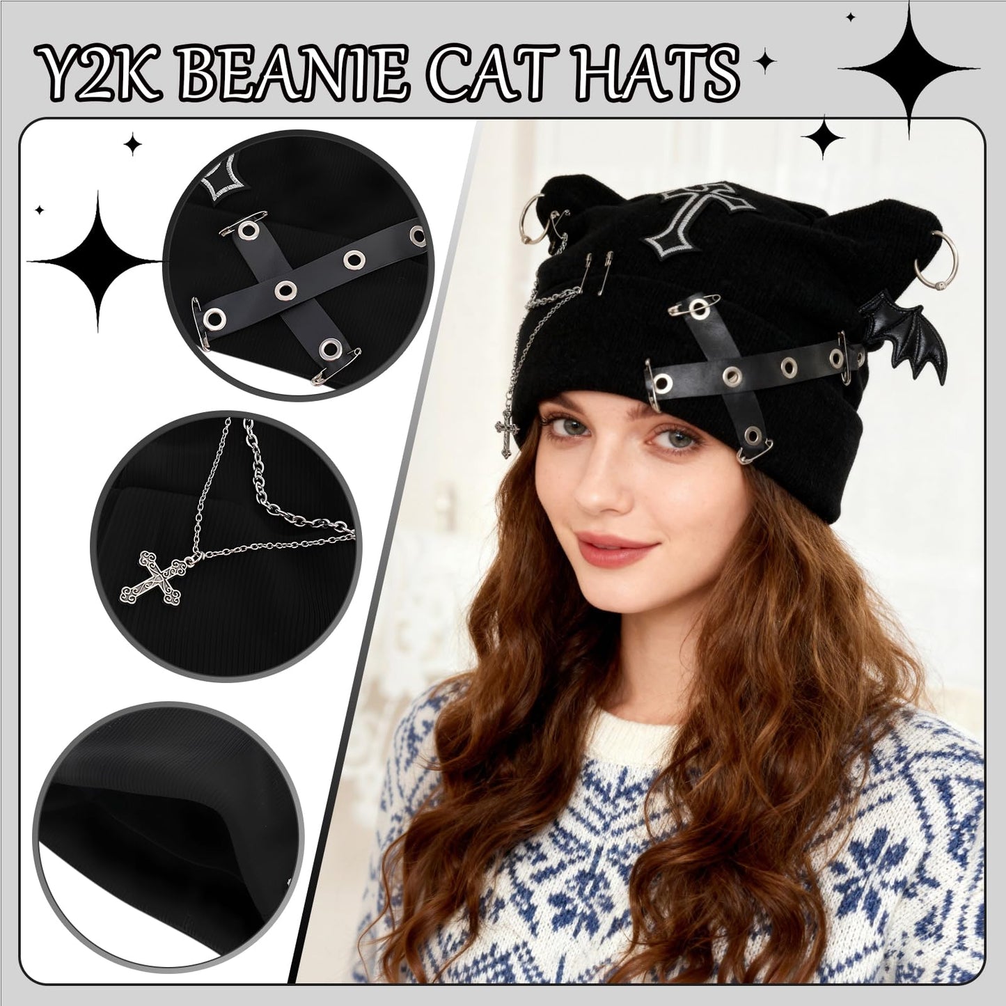 Angirlish Gothic Cat Beanie Set Y2k Cat Ear Knitted Hat Goth Arm Warmers Punk Grunge Emo Accessories for Woman Girls Black