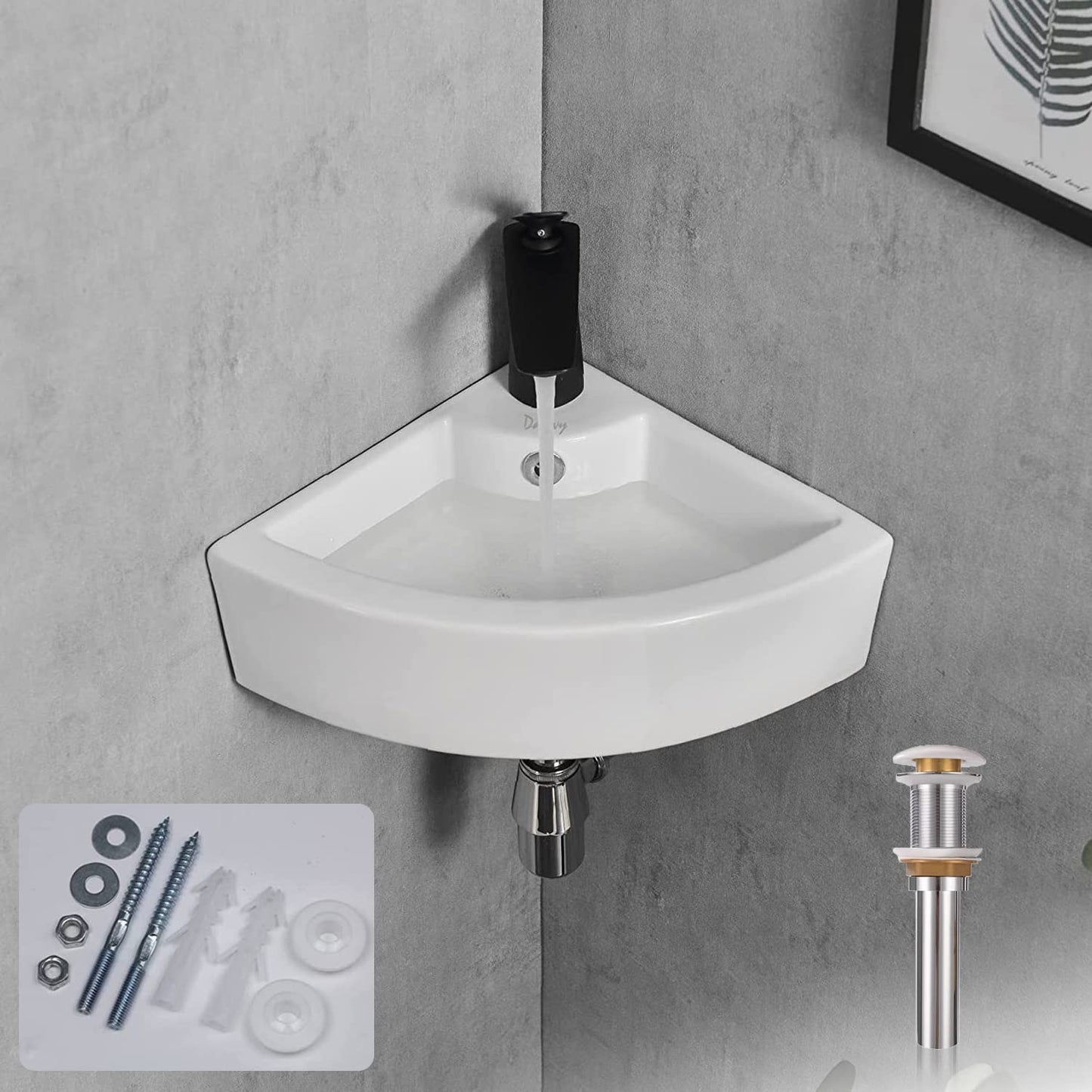 Davivy 18" x 13" Corner Bathroom Sink with Pop Up Drain and Installation Kit,Wall Mount Corner Sink,Ceramic Vessel Sink,Small Corner Sink,White Vessel Sinks,Small Vessel Sink for Bathrooms
