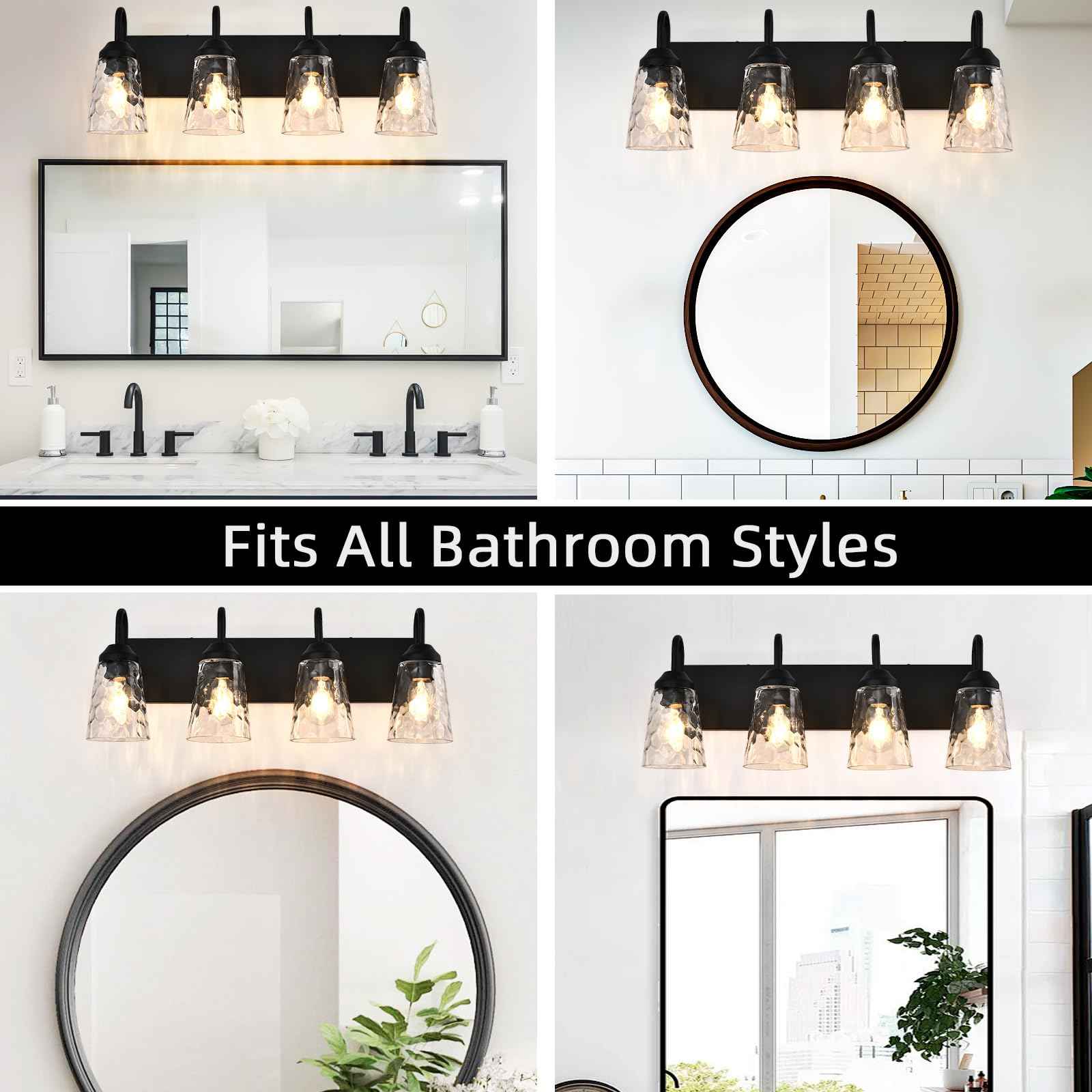 NOVCAND 4-Light Bathroom Light Fixtures, Coastal Vanity Lights with Crystal Glass Shade, Black Bathroom Wall Lamp for Mirror Kitchen Hallway Bedroom