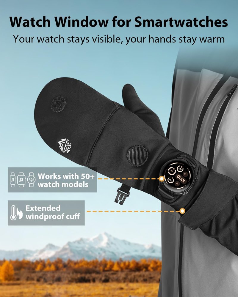 RIGWARL Winter Running Gloves for Men Women, Touchscreen Warm Gloves Convertible Mittens with Watch Window, Anti-Slip Winter Thermal Glove for Men Women Cold Weather Jogging Hiking Cycling Dog Walking