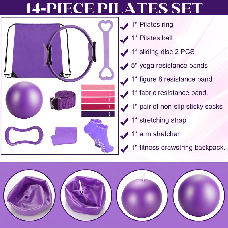 14 Pcs Pilates Kit Home Workout Kit for Women, Pilates Equipment with 14.9" Pilates Ring and Ball, Resistance Bands, Sliders & Grip Socks Starter Pilates Essentials Kit for Gym Studio Travel（Purple）