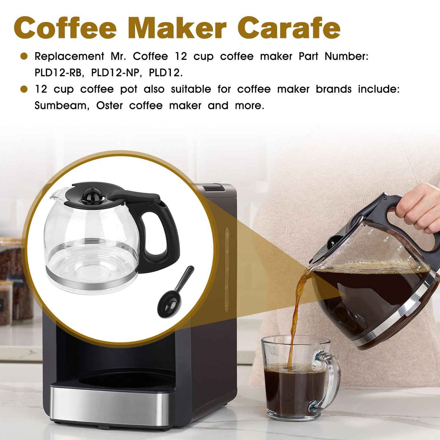 12-Cup Coffee Maker Pot Replacement Mr. Coffee 12 Cup Coffee Maker PLD12-RB, PLD12-NP, PLD12 Series FOR Mr. Coffee AM,CG,CHX,CJ,DW,DR, EVX,JWX,MV,PL and VB Series Coffeemaker -Black Handle