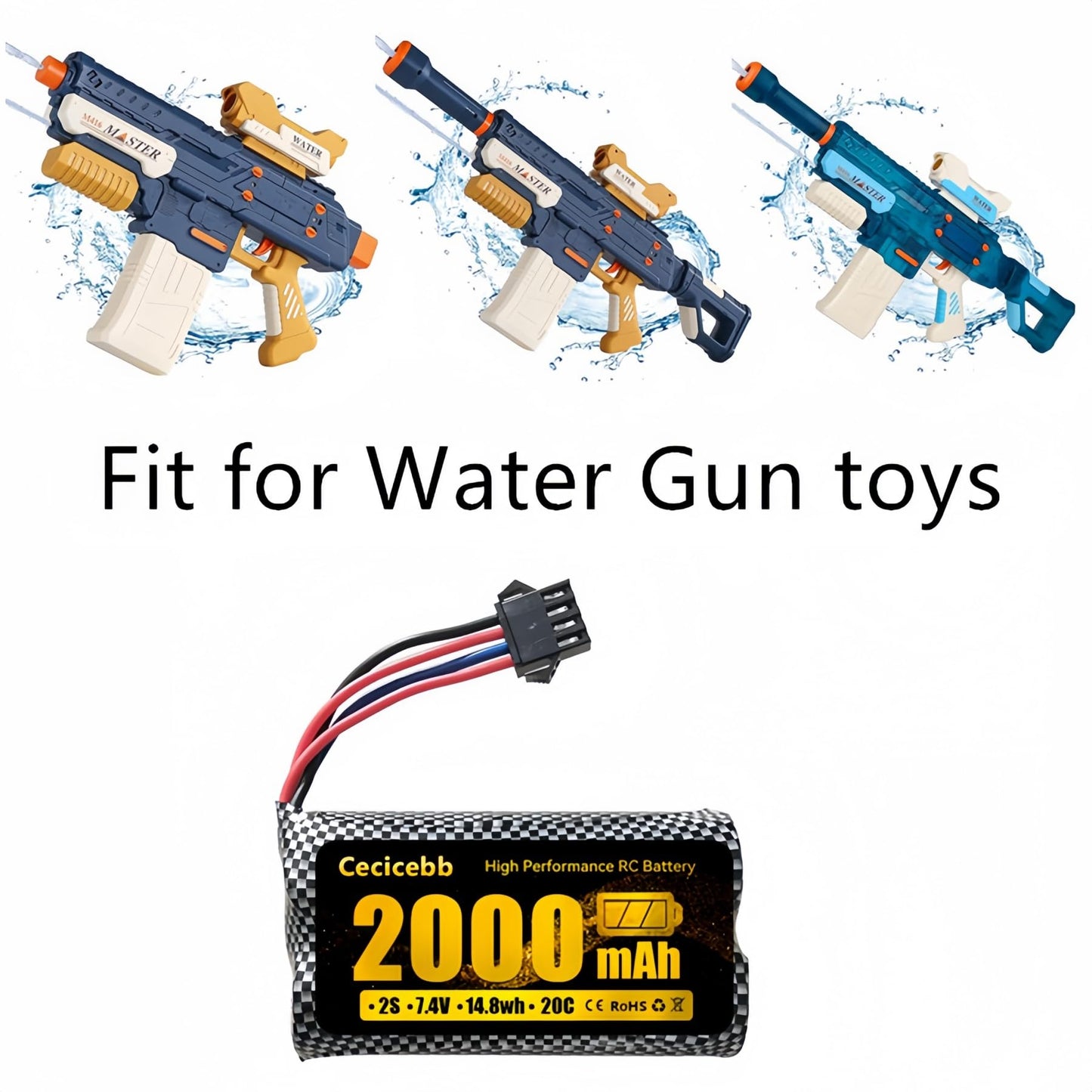 Cecicebb Airsoft Battery 2000mAh 7.4V Li-ion Battery with SM-4P Plug Fit for Airsoft Gun 2 Pack with USB Charger Cable