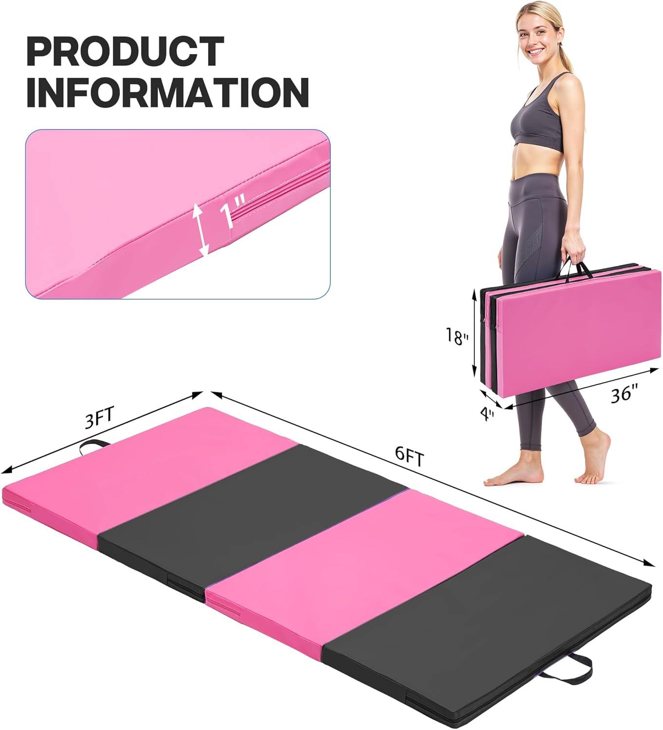 Skiennix Gymnastics Mat - Portable 4-Fold Tumbling Mat with PU Leather & Carry Handle - 6'x3'x2'' for Home Workout, Yoga, MMA, Pilates