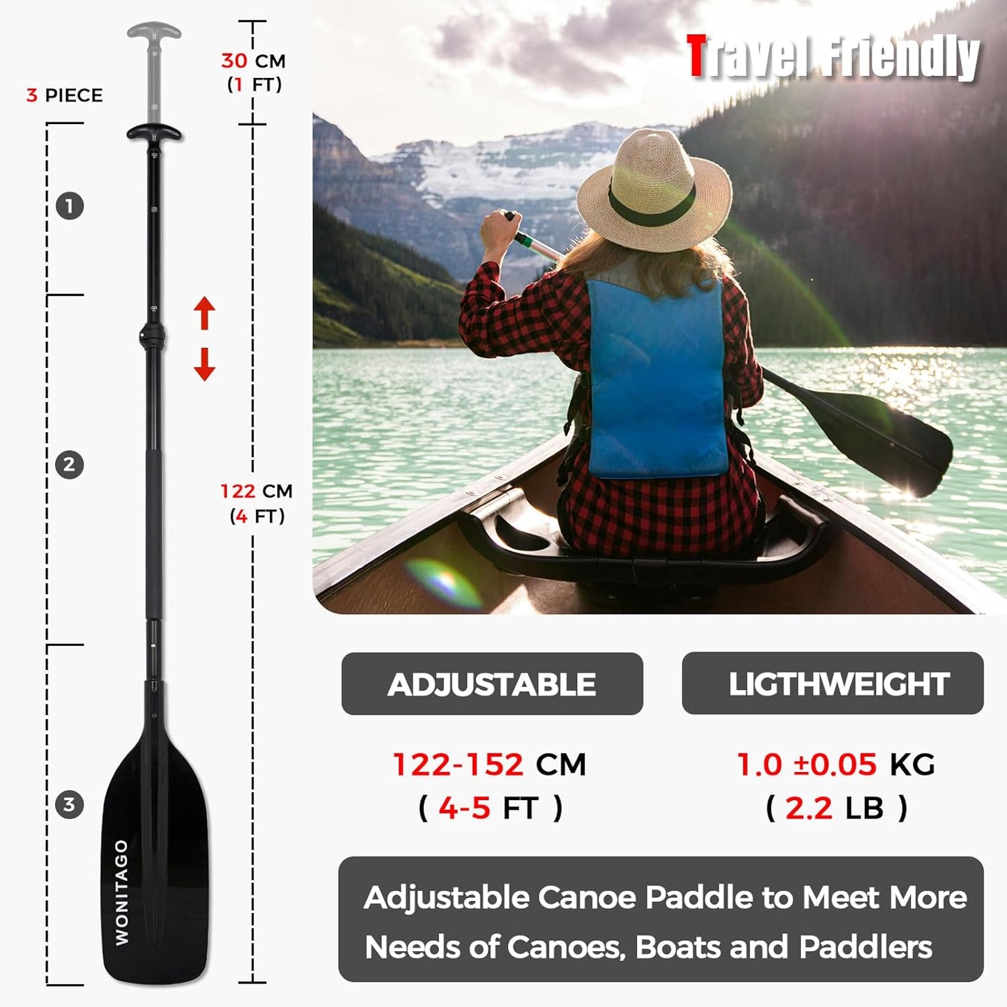 Canoe Paddles | Aluminum Oars with Floating Plastic Blades - Adjustable 122-152 cm (4-5 Ft) Black/Yellow