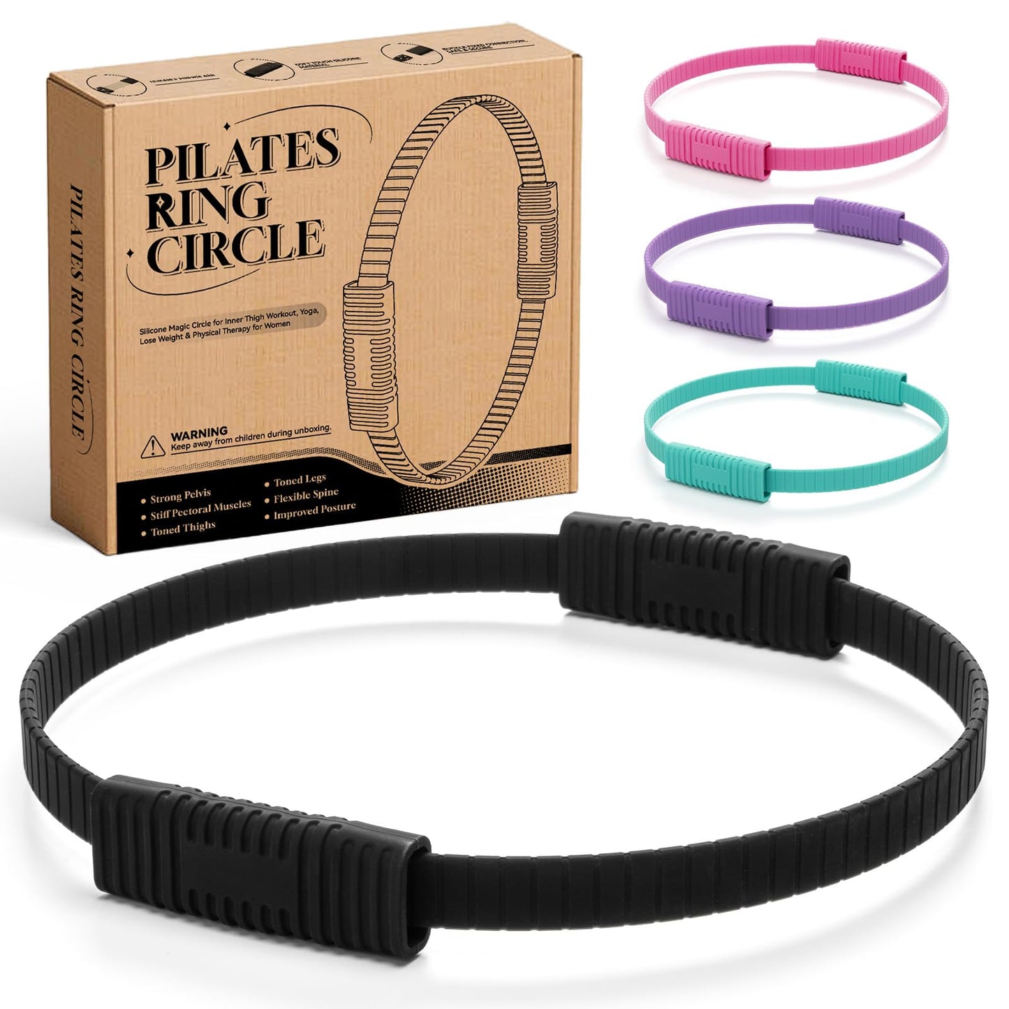 SUBCULTUREPICK Pilates Ring, Silicone Magic Pilates Rings, Lightweight & Durable Flexible Fitness Circle Exercise Equipment for Toning Arms, Thighs,Legs, Core,Yoga & Physical Therapy (Black)