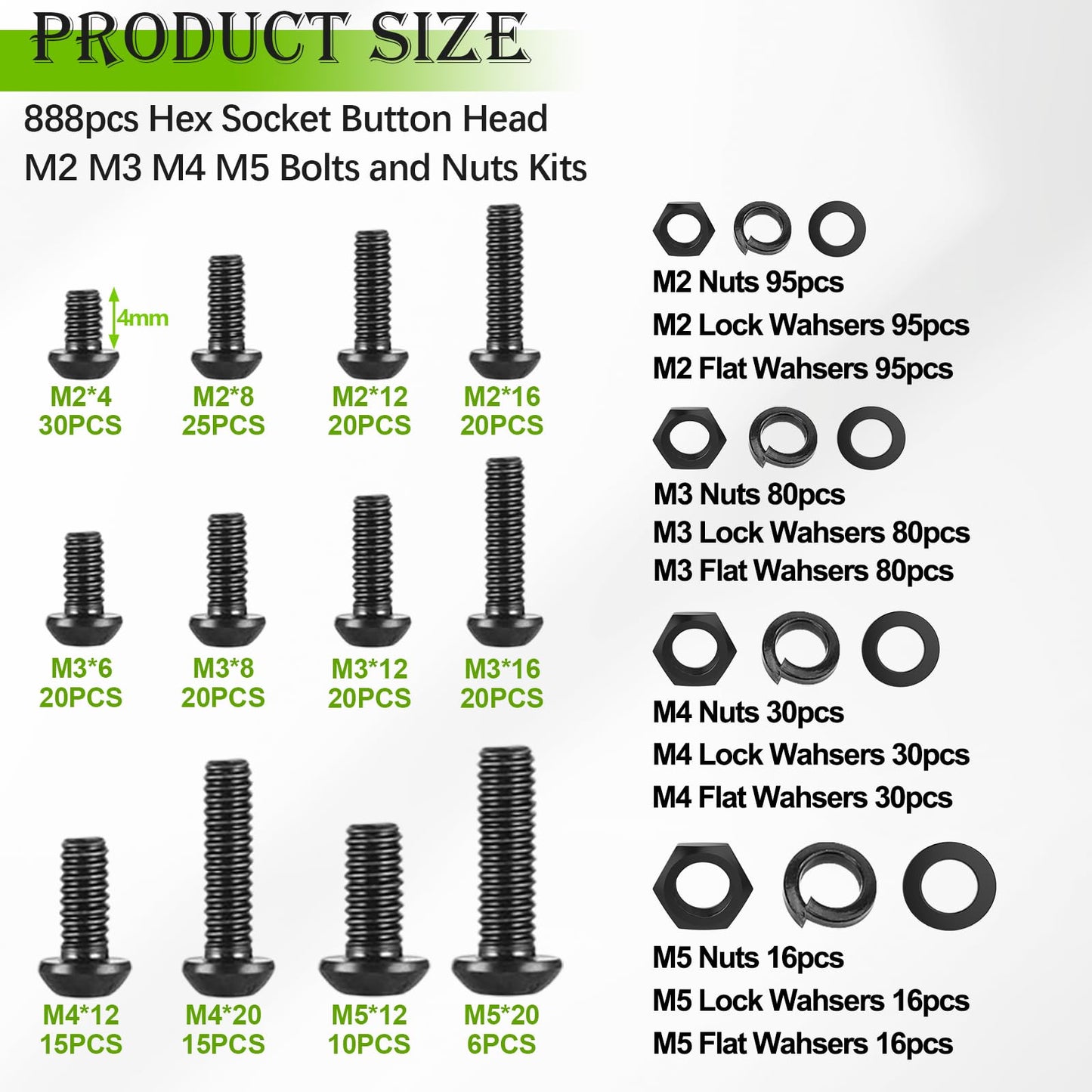 mxuteuk 888PCS Metric Screw Assortment Kit,M2 M3 M4 M5 Machine Screws,10.9 Grade Alloy Steel Metric Hex Button Head Cap Screws Nuts and Flat Washers Assortment Kit for 3D Printing