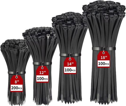 Heavy Duty Black Zip Ties - 500 Pack, Assorted Sizes 8-18 Inch, 220lbs Tensile Strength for Outdoor Cable Management