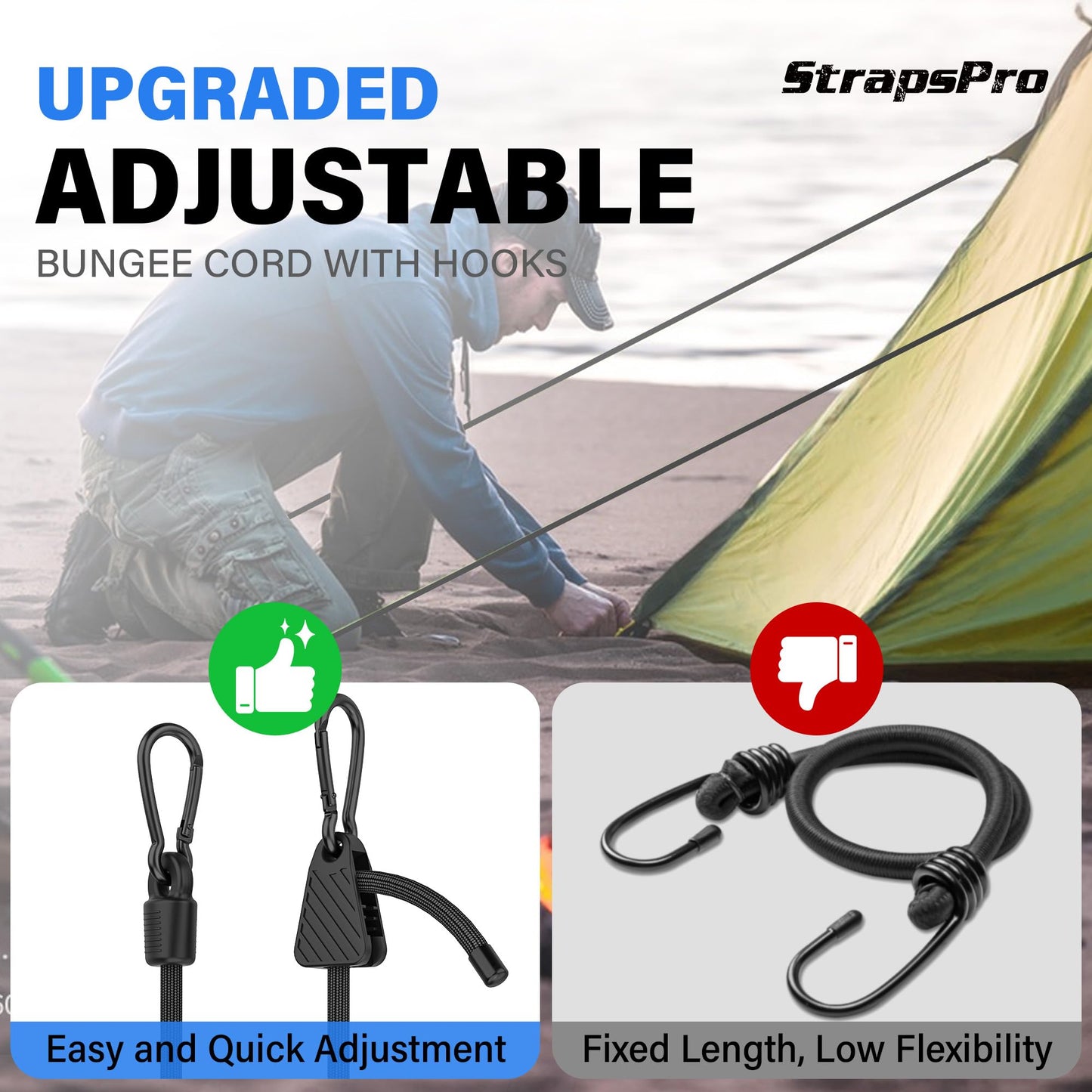 Adjustable Bungee Cords, Upgrade Bungee Cord with Carabiner Hooks Outdoor Heavy Duty 36 inch Long, Easy to Adjust Length Black Elastic Ropes Cable with Clips On Both Ends for Bike Rack, Tarps, Cargo