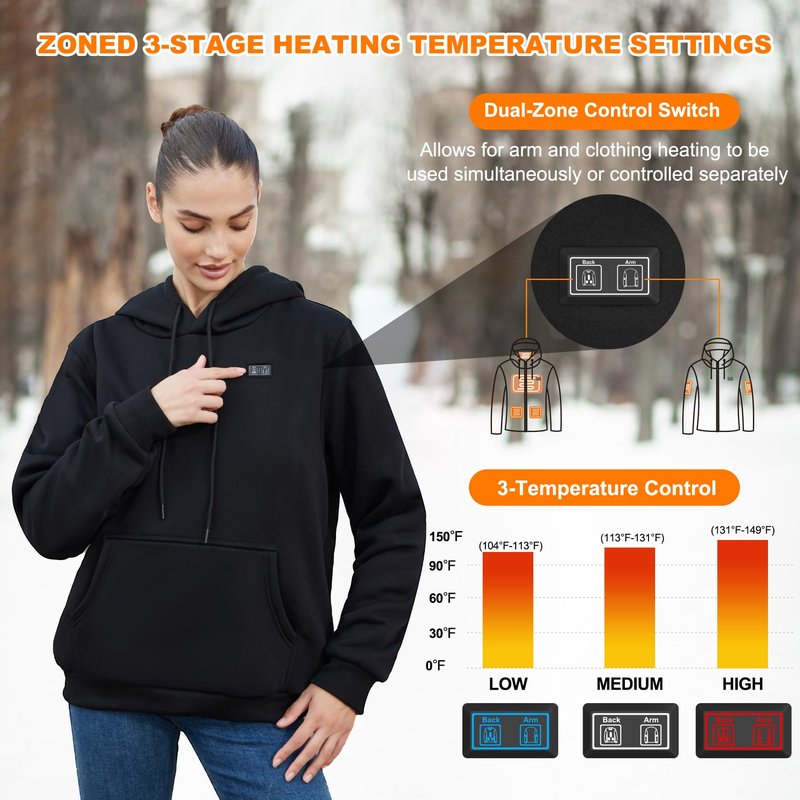 Moteoza Heated Hoodie for Women Men with Fleece Lining 7.4V 16000mAh Battery Heated Pullover Hooded Heated Sweatshirt (Black L)