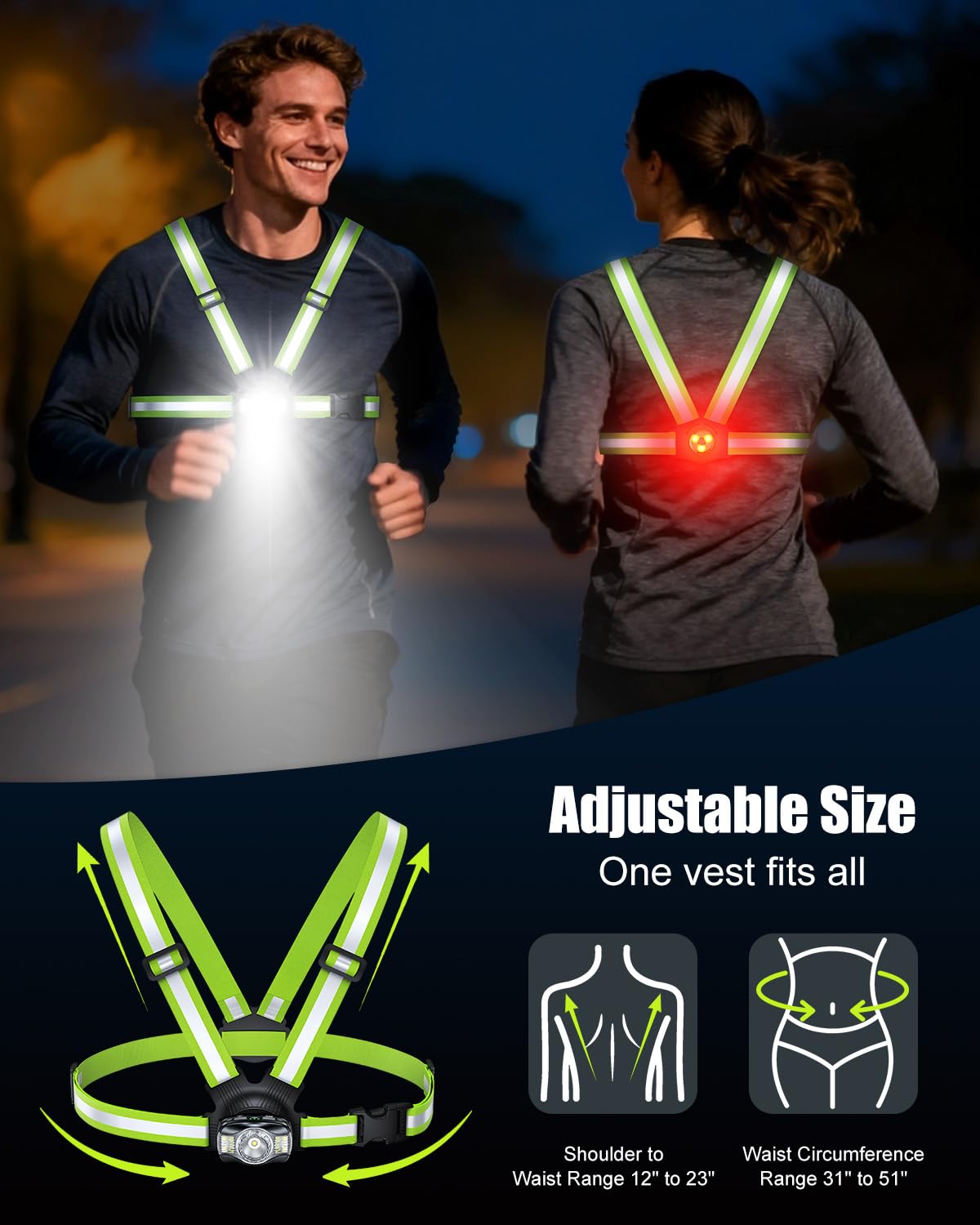 Dawinga Running Lights for Runners with Rear Light, 500 Lumens Running Light with 45° Adjustable Beam & IPX4 Waterproof, Rechargeable Reflective Vest Gear for Night Walking/Jogging, 4-20Hrs Runtime