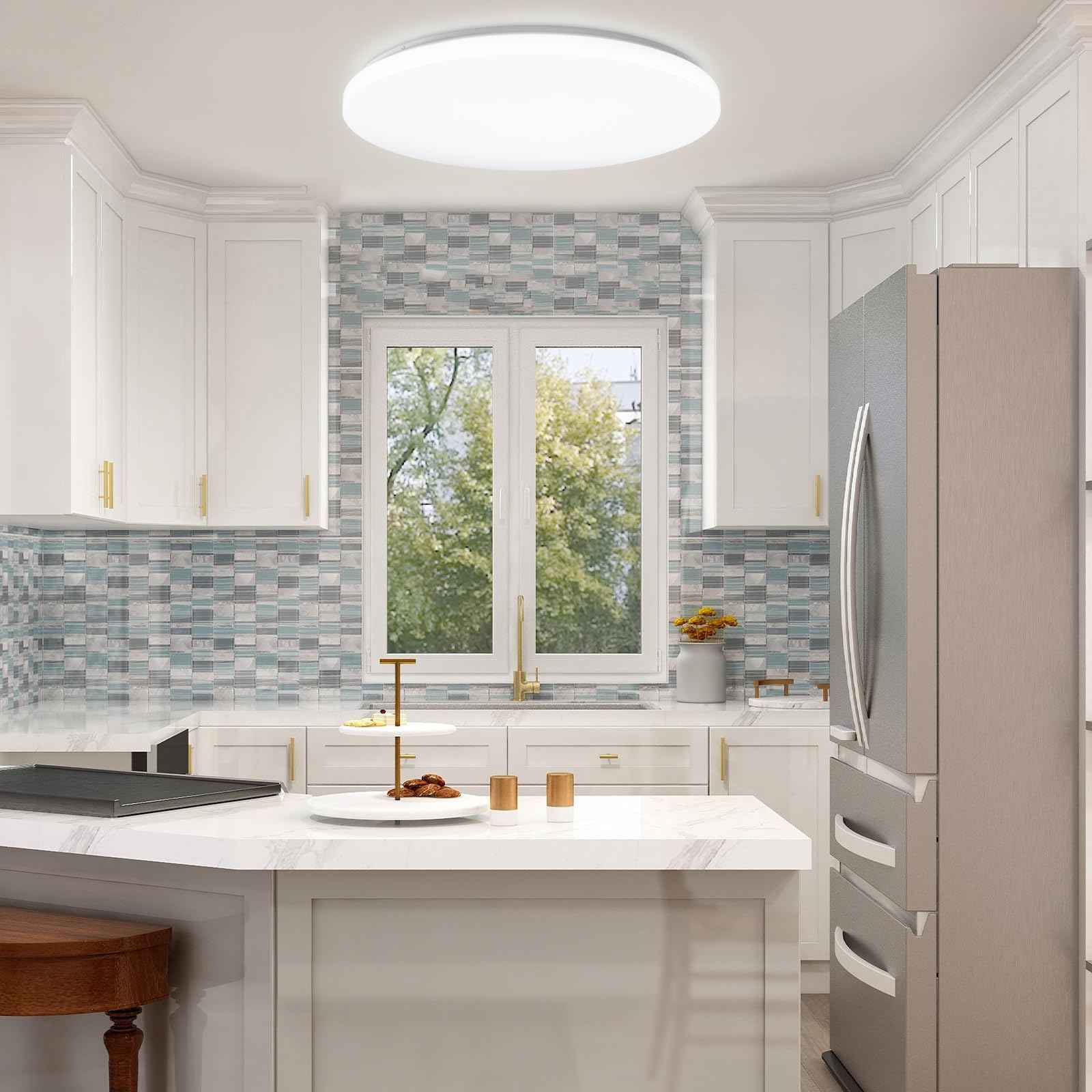 Hamilyeah 24 inch Flush Mount Ceiling Light Fixture, Drum Light Fixture Ceiling Mount 48W 5000K, Simple LED Close to Ceiling Lighting Fixture Round for Living Room, Bedroom, Kitchen