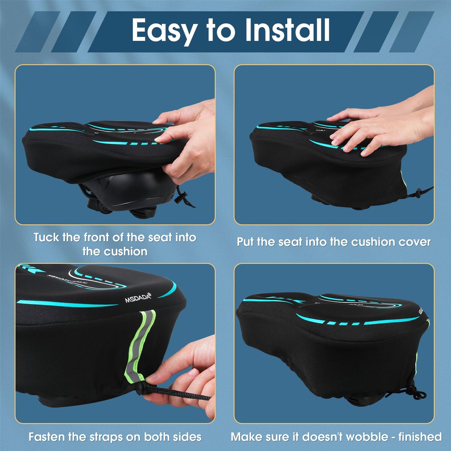 MSDADA New Large Gel Bike Seat Cover, Extra Soft Bike Seat Cushion for Men Women Comfort Wide, Fits Indoor/Outdoor/Exercise Bikes,Light Blue(11inch x 10 inch)
