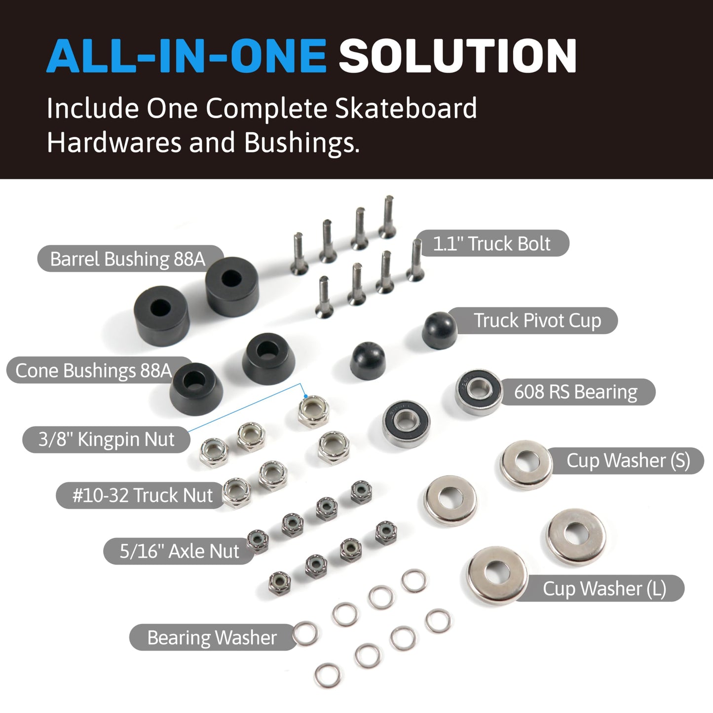 ELOS Skateboard Hardware Kit – DIY Skateboard Kit with Skateboard Truck Hardware, 608 Wheel Bearings, Bushings, Axle Nuts & Washers, Truck Kingpin Nut, Screws & Bolts, 42Pieces Skateboard Parts