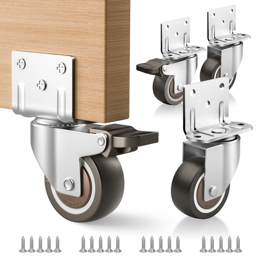 ANDUTEES Side Mount Casters, 1.5 Inch Furniture Wheels, L-Shaped Rubber Casters Set of 4, 360-Degree Locking Swivel Top Plate Small Castor Wheels for Furniture, Baby Bed, Kitchen, Cabinet, Table.