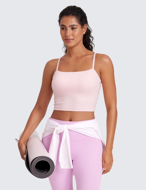 CRZ YOGA Butterluxe Cami Crop Tank Tops for Women - Square Neck Adjustable Padded Longline Sports Bras Workout Camisole Strawberry Pink Small