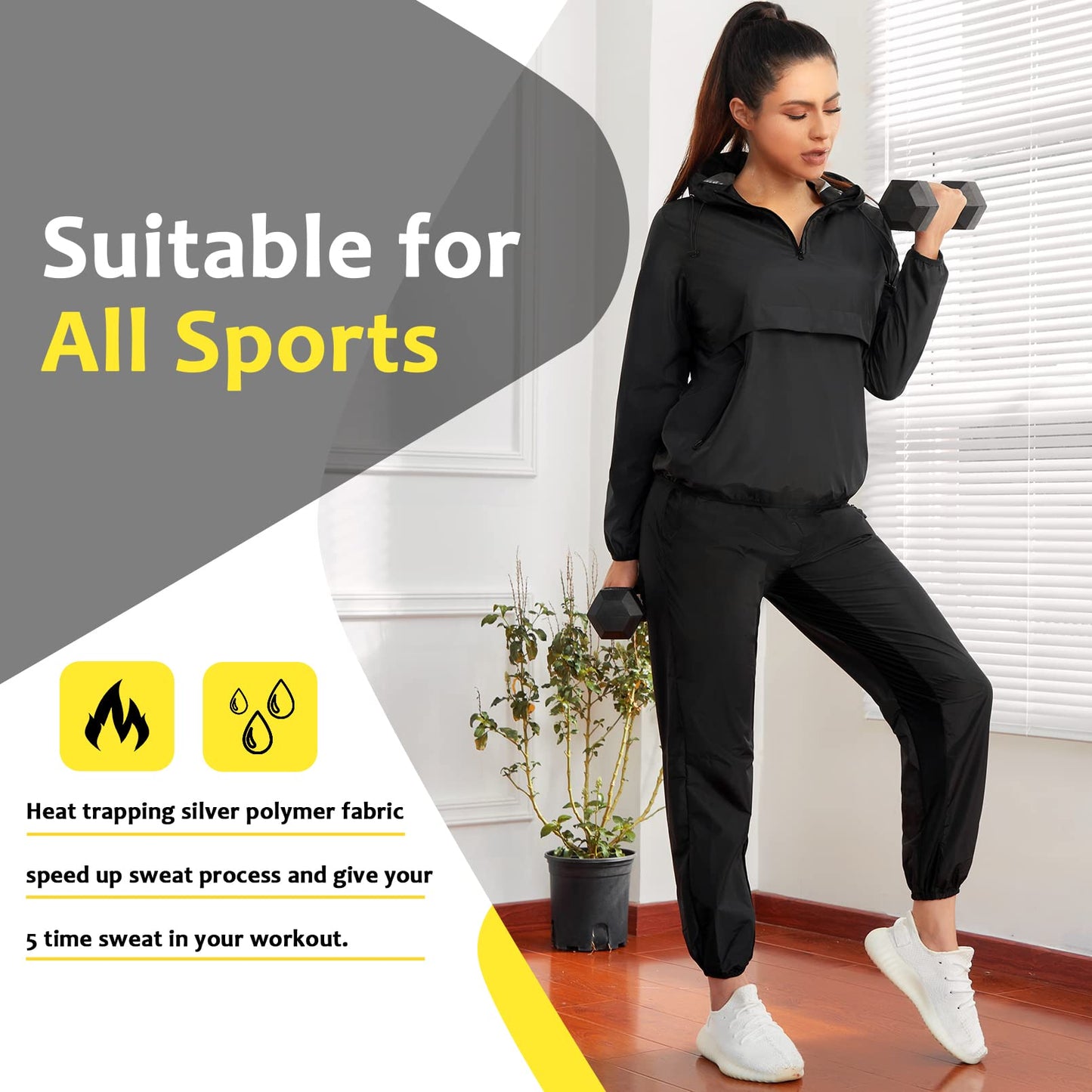 Junlan Women's Sauna Track Suit (Black, Medium) - Upgraded Silver Polymer Fabric, Sweat Suits for Workout, Windproof & Waterproof, Fashionable Design