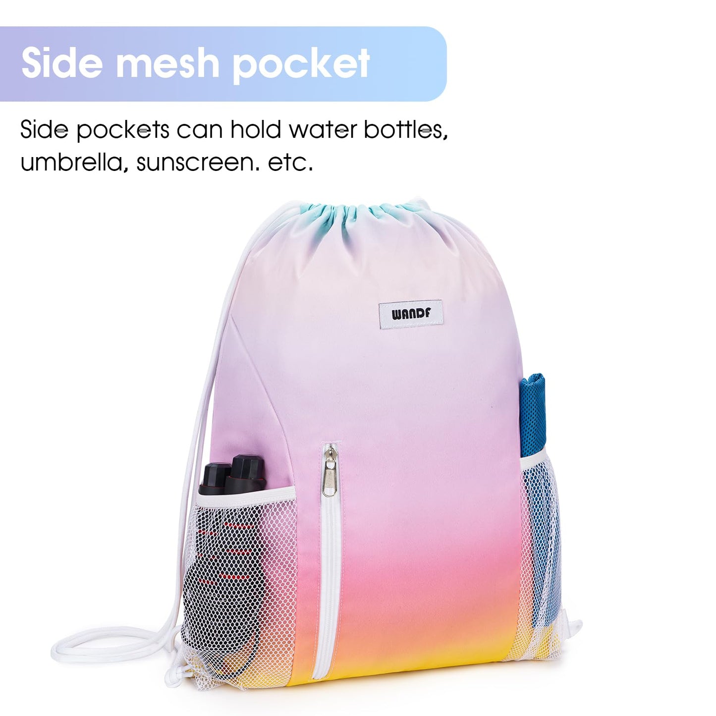 WANDF Drawstring Backpack Sports Gym Sackpack with Mesh Pockets Water Resistant String Bag for Women Men (Rainbow)